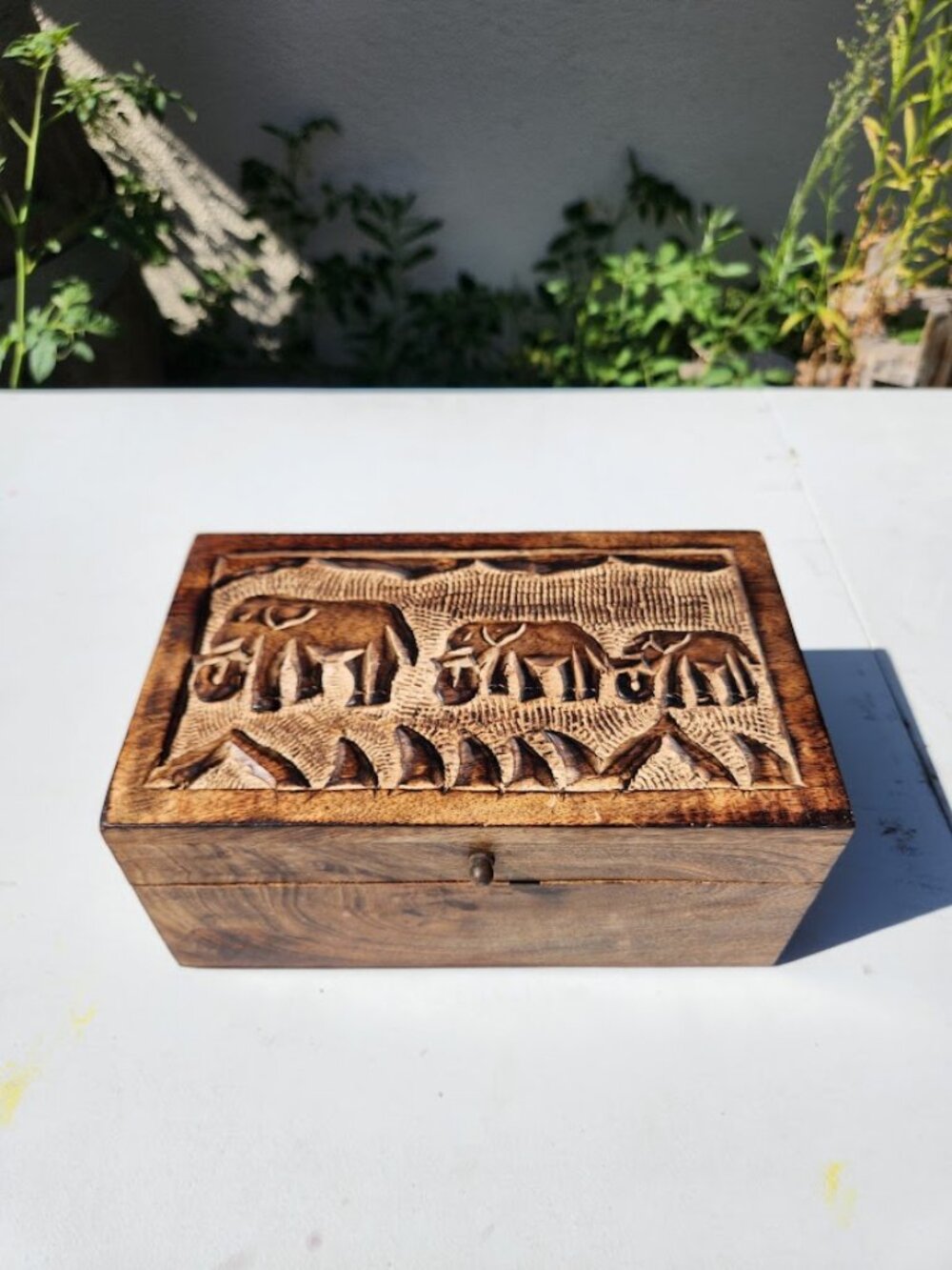 Vintage Hand-Carved Wooden Elephant Trinket Box Made in India Bohemian 10x5x6